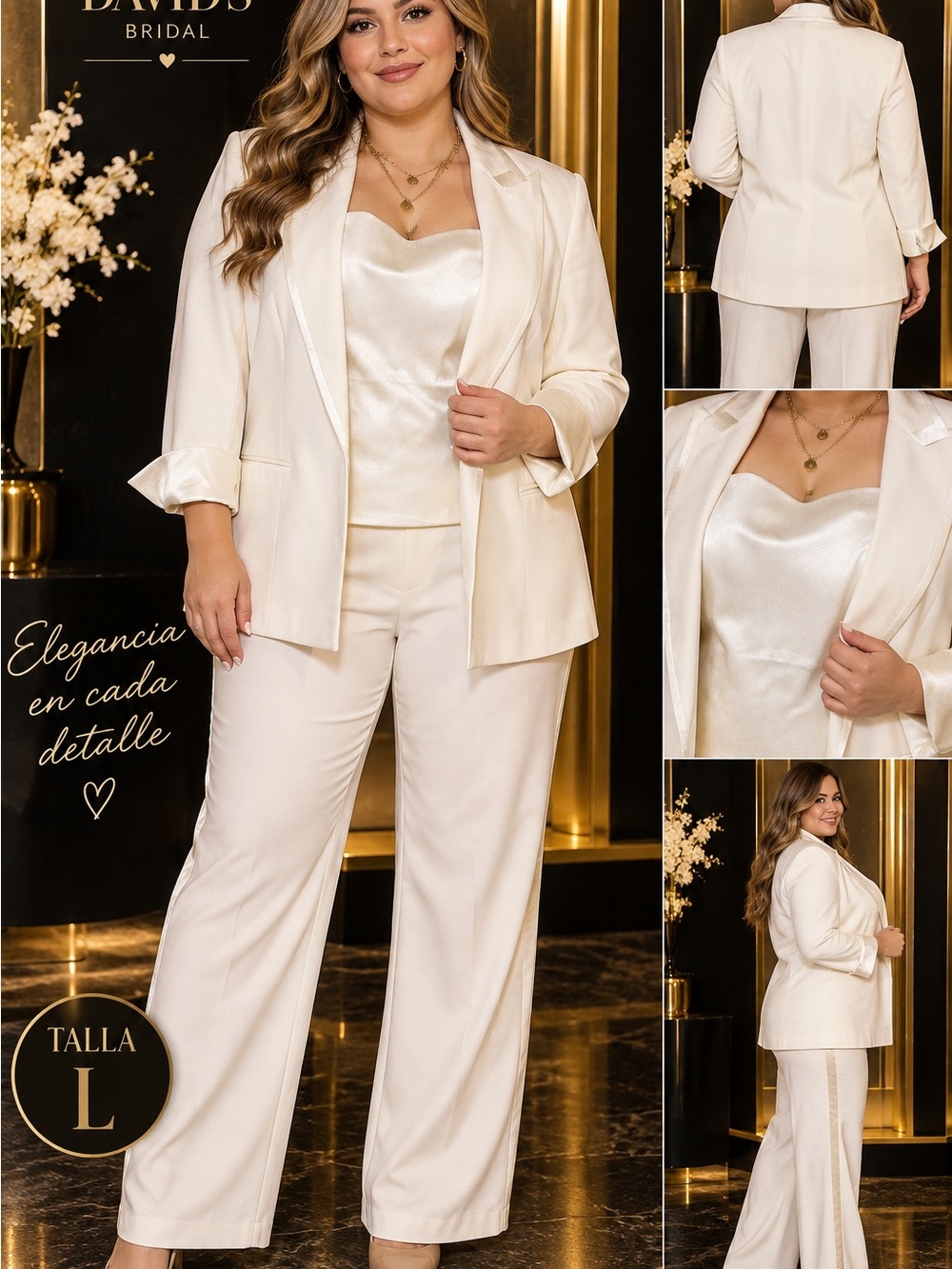 David's Bridal Cream Satin Blazer with Wide-Leg Pants & Camisole